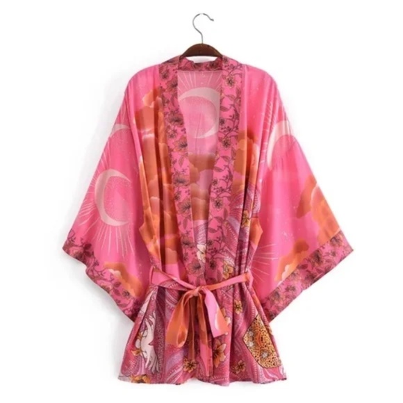 Fuchsia Pink Cosmic Galaxy Moon Boho Short Kimono Coverup Robe - Picture 3 of 10